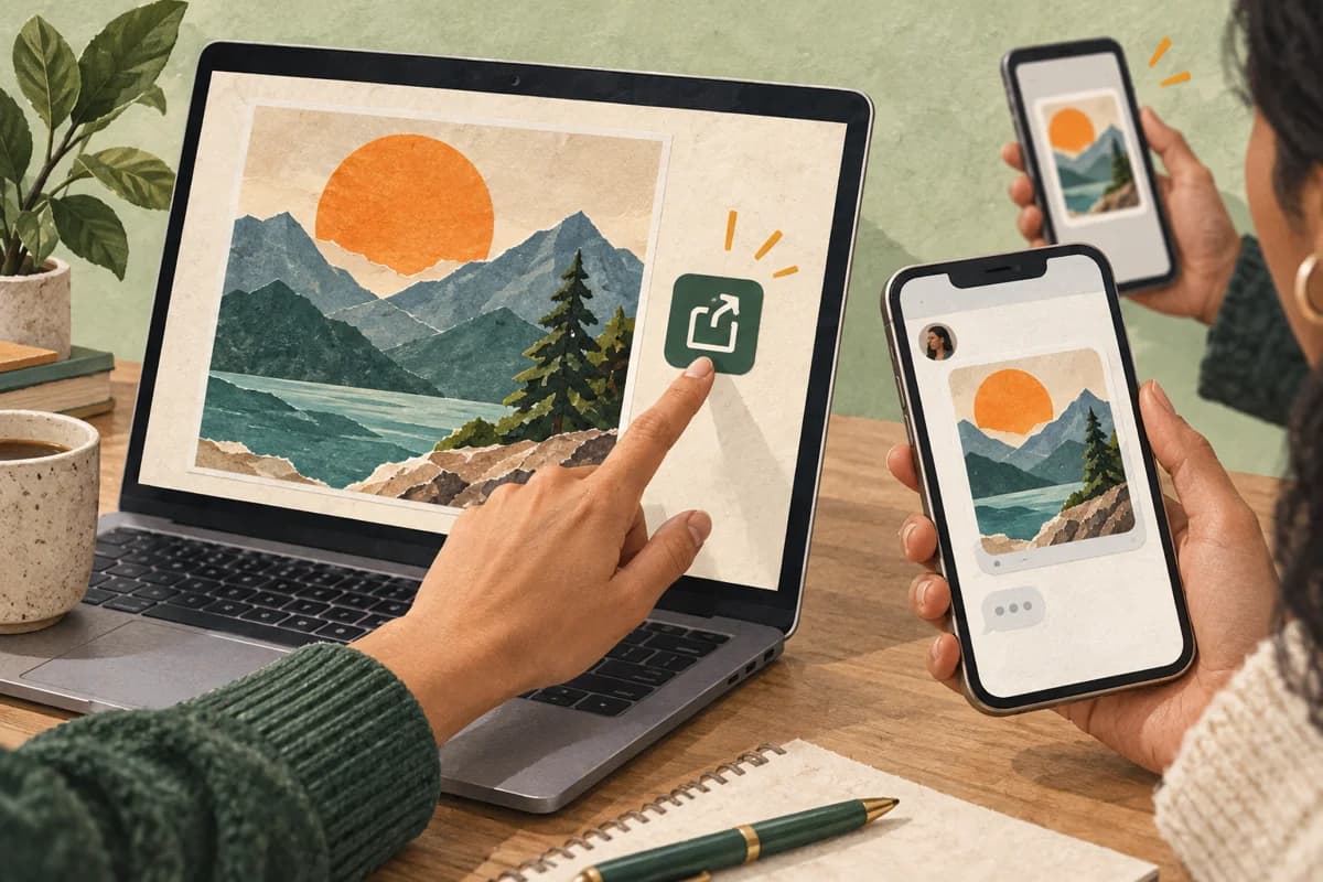Someone shares work created in a product, and friends view it on their phones.