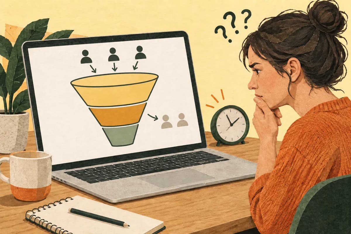 A person studies a conversion funnel on a laptop to understand where users drop off.