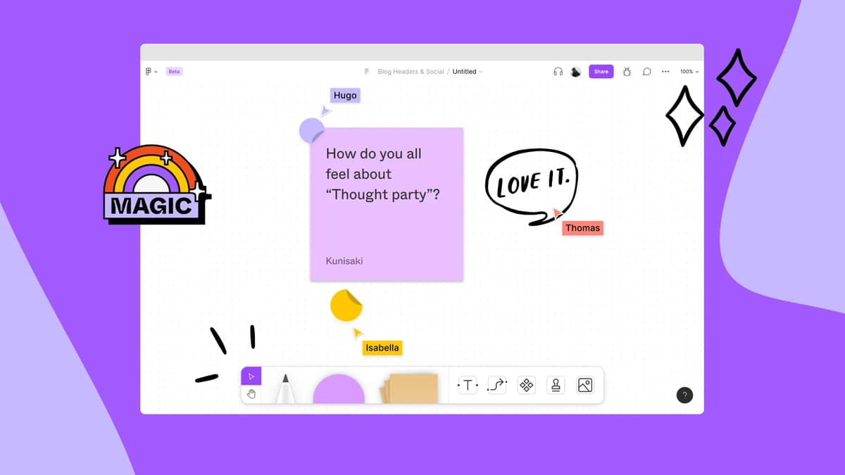 Official FigJam launch image: teammates discuss on one board using notes, cursors and reactions.