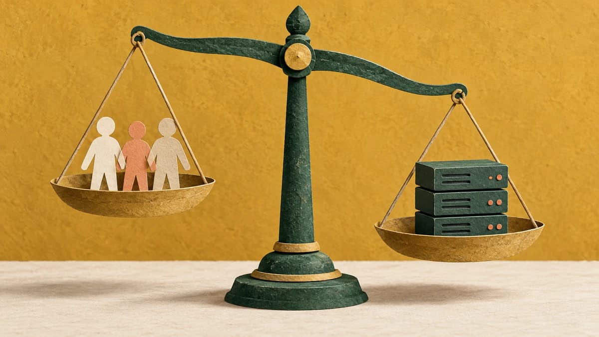 Concept illustration: a scale weighs potential customers against the resources needed to serve them.