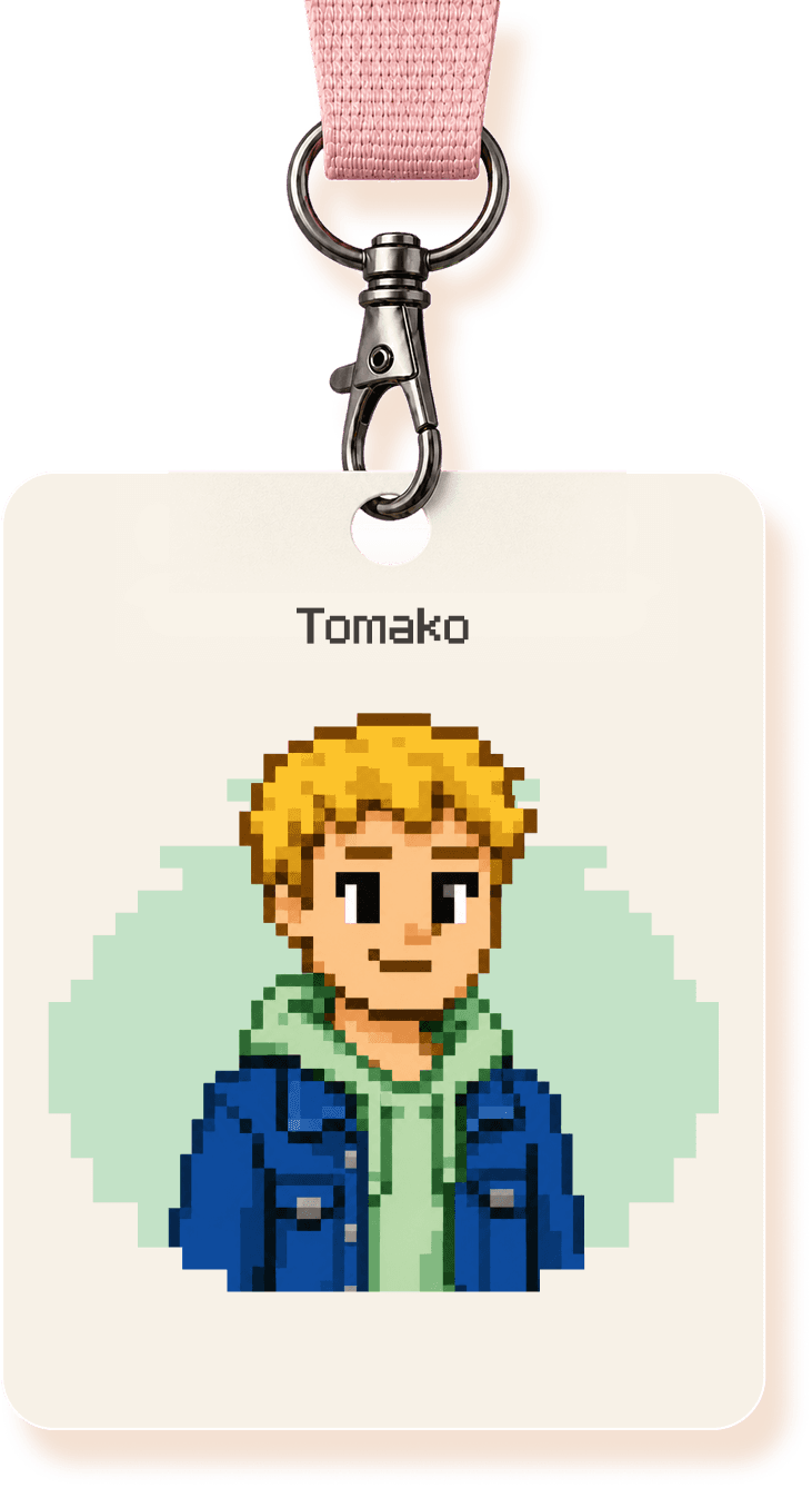 Pixel-mosaic ID badge portrait of a content marketer