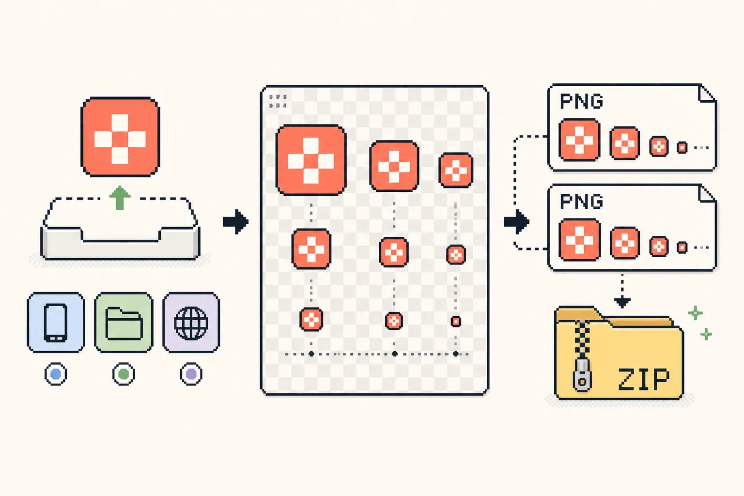 8bit workflow scene showing upload, package scope, resize preview, and ZIP export.