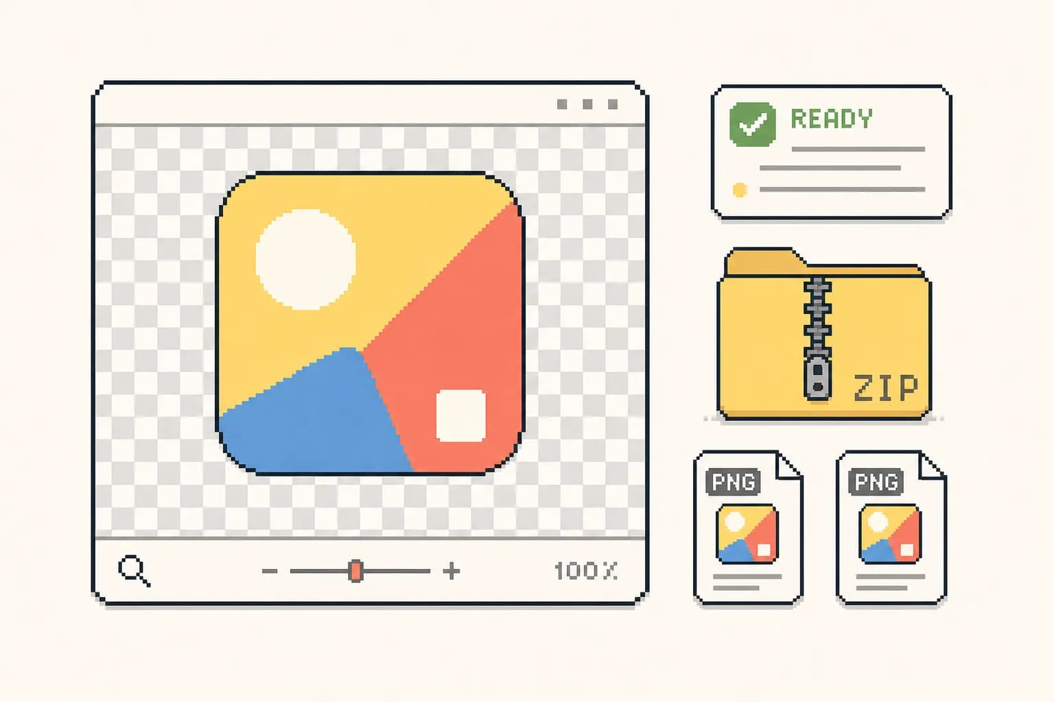 8bit scene showing app icon preview review and ZIP download handoff.