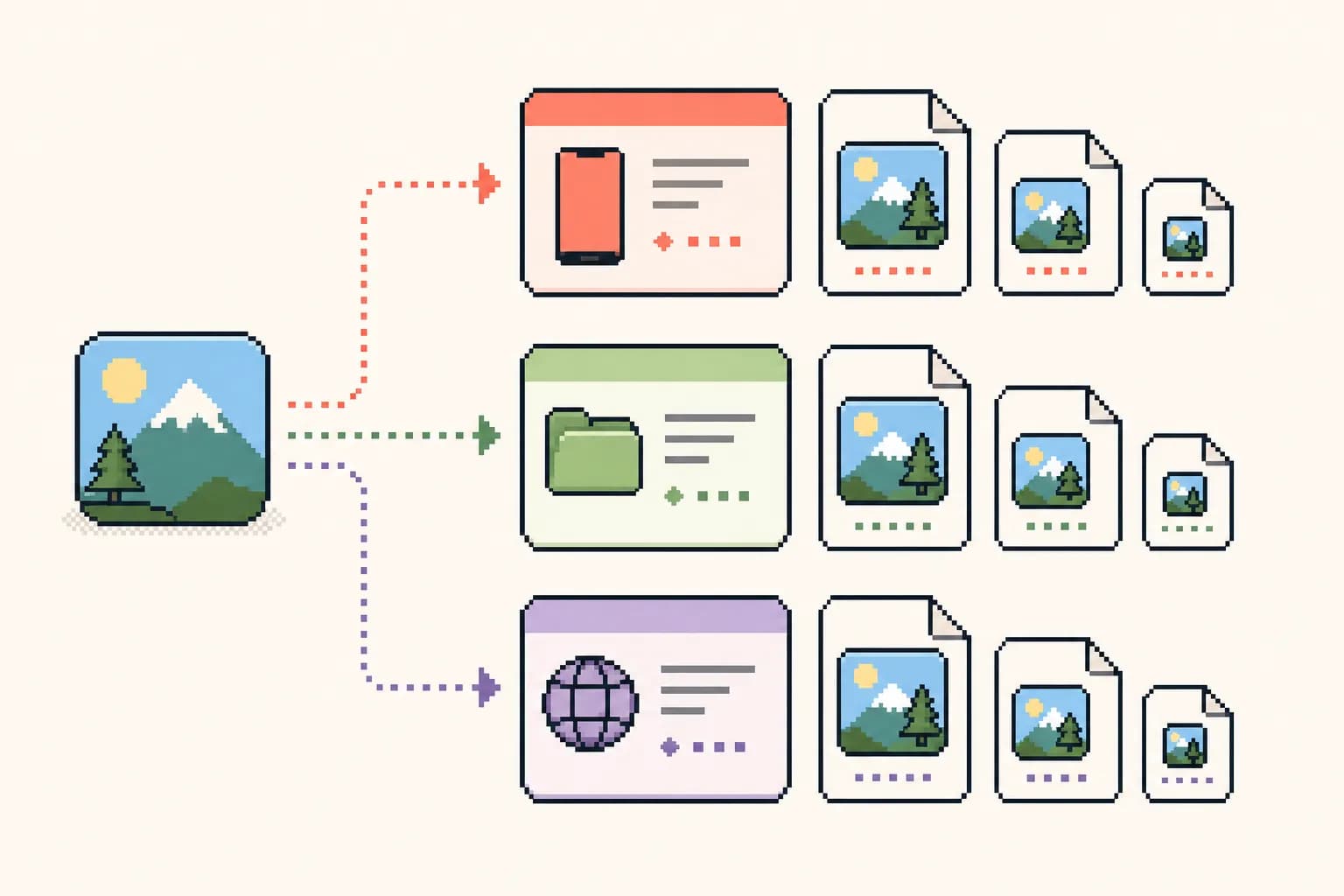 8bit scene showing neutral package choices for app icon platform outputs.