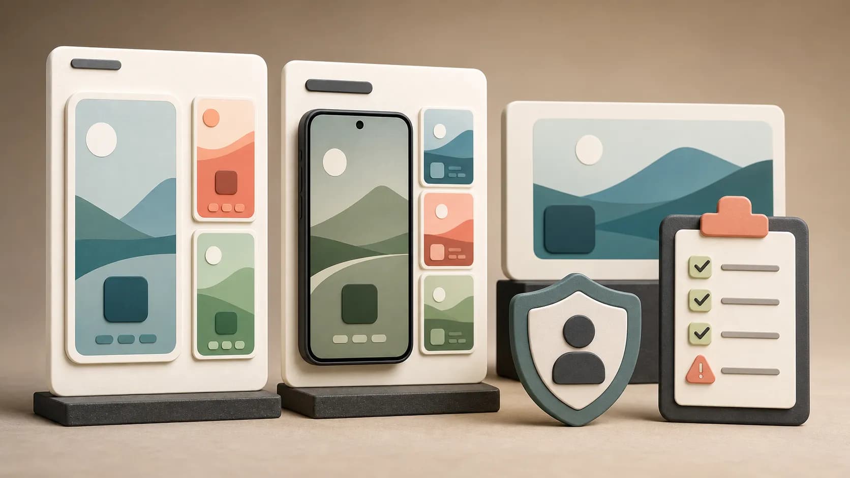 Support boundary visual for app store listing images, showing phone images, a feature graphic, privacy marker, and review checklist.