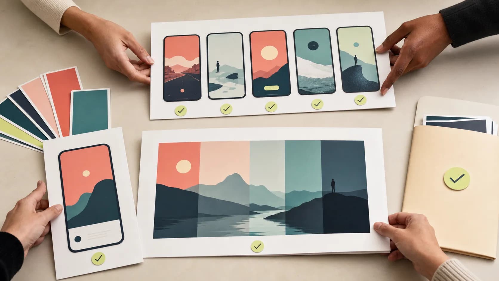 Product and design team arranging app store listing assets, screenshot boards, feature graphics, colors, and export folders.
