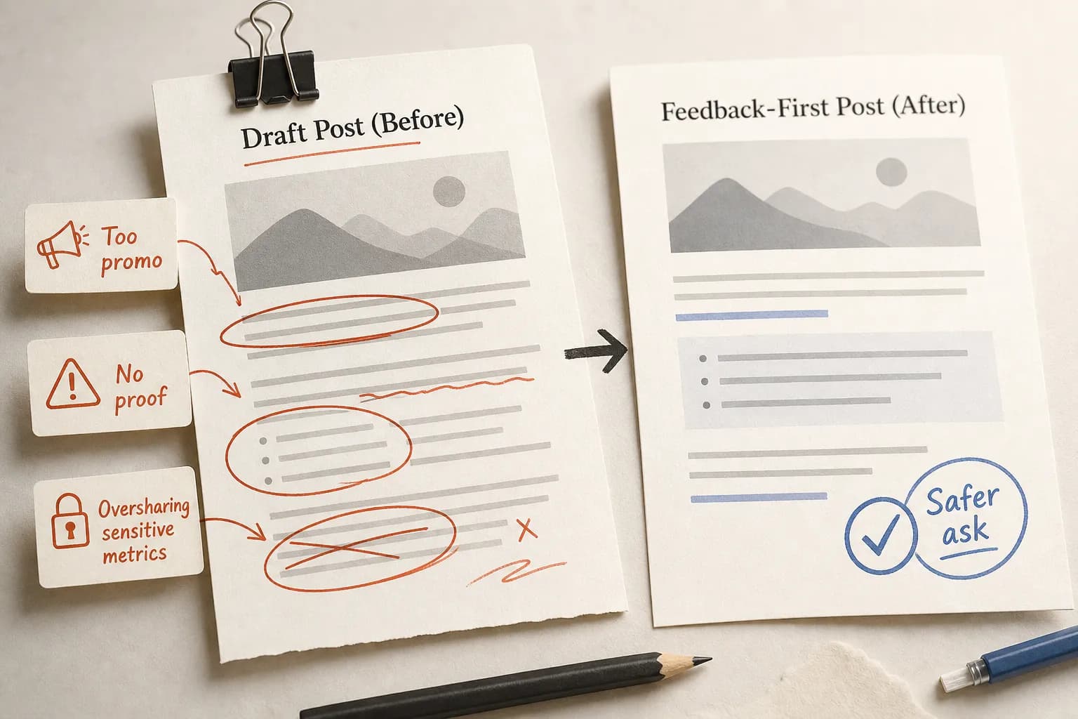 A public post review sheet with flags for promotional wording, missing proof, and sensitive information.
