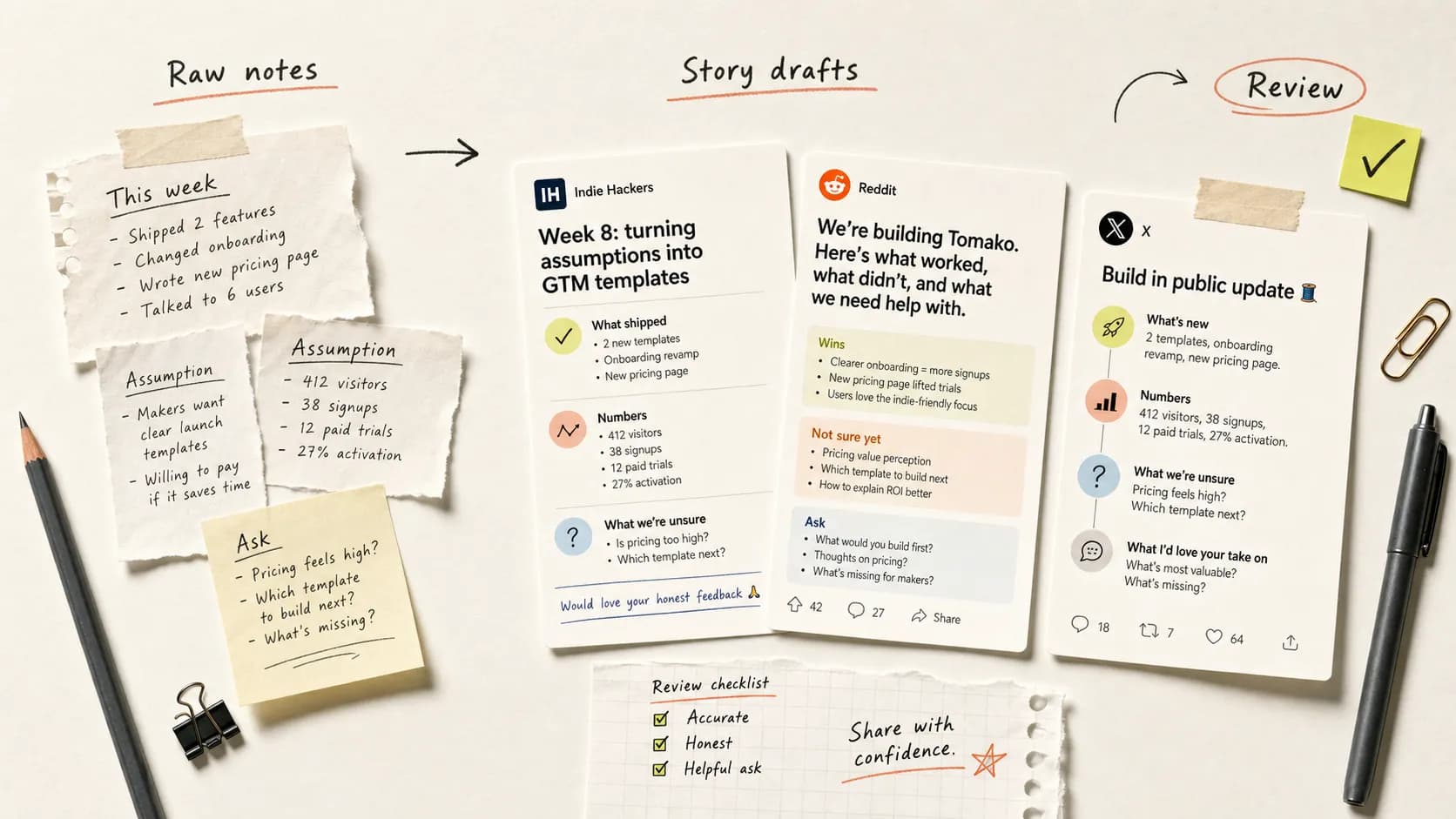 A public story draft with evidence, risk, and feedback-question review markers.