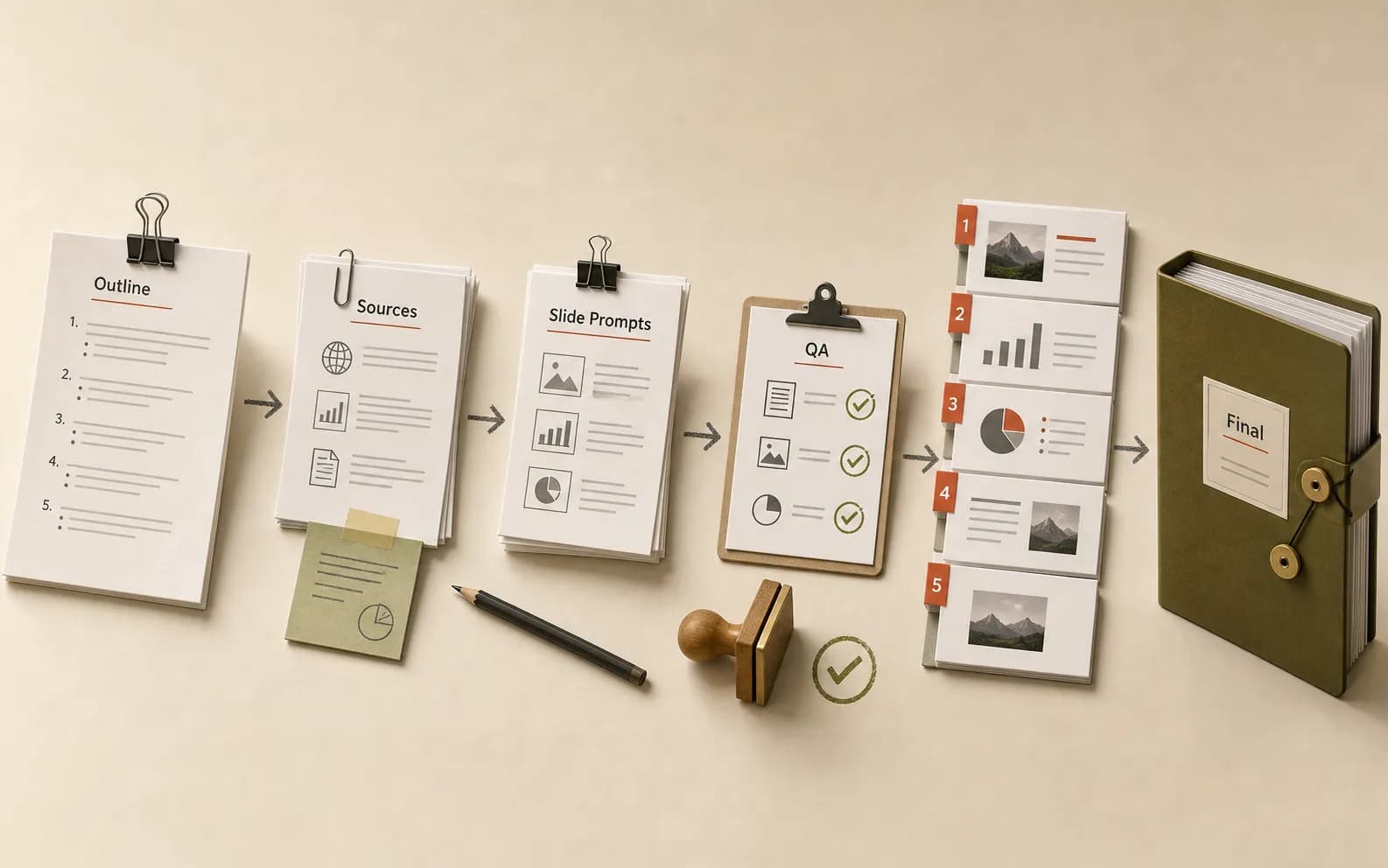 A business plan production workflow with outline, sources, prompts, QA, and final image deck package.