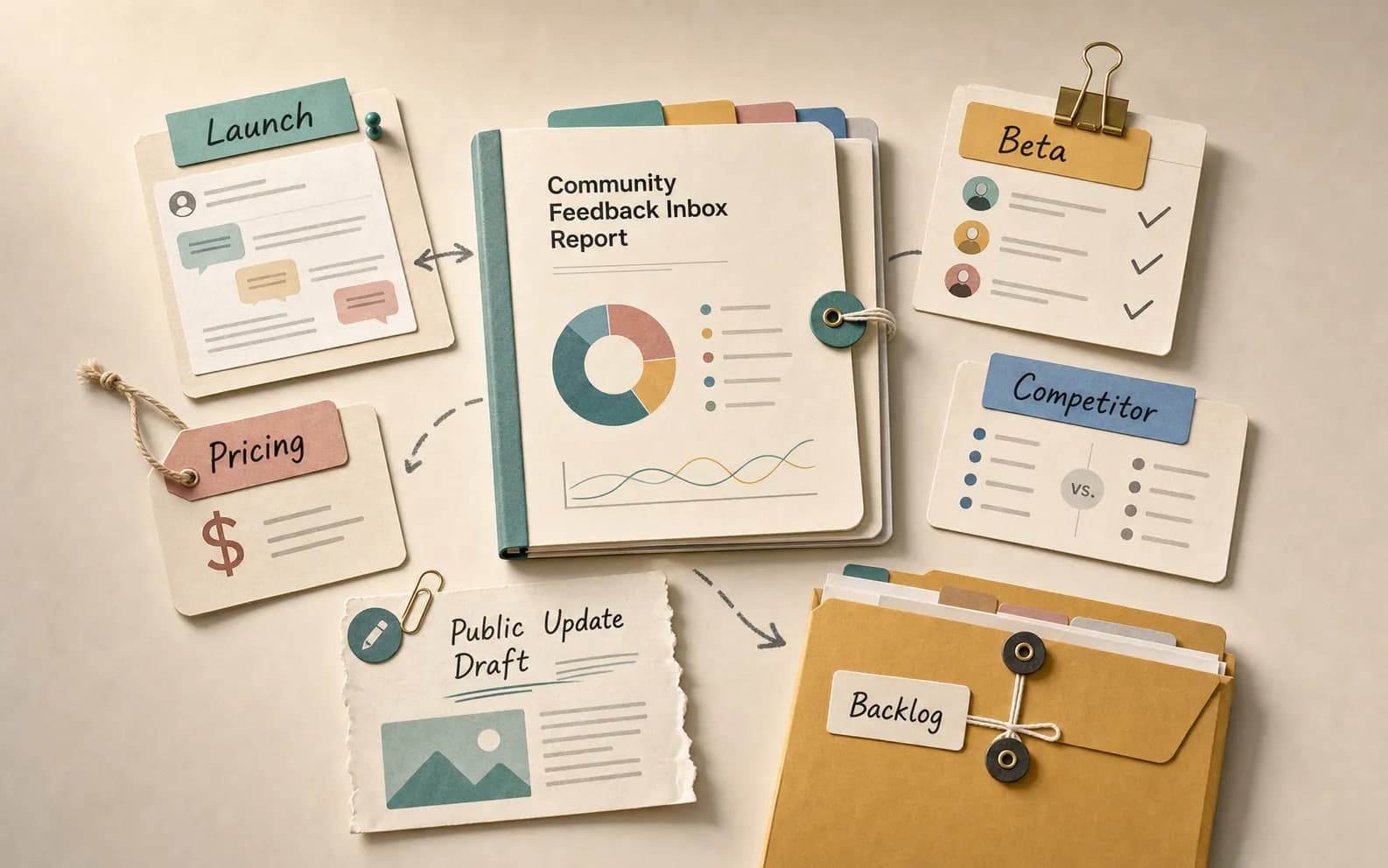 Community feedback flowing into build-in-public posts, landing page FAQ, beta invites, and backlog.
