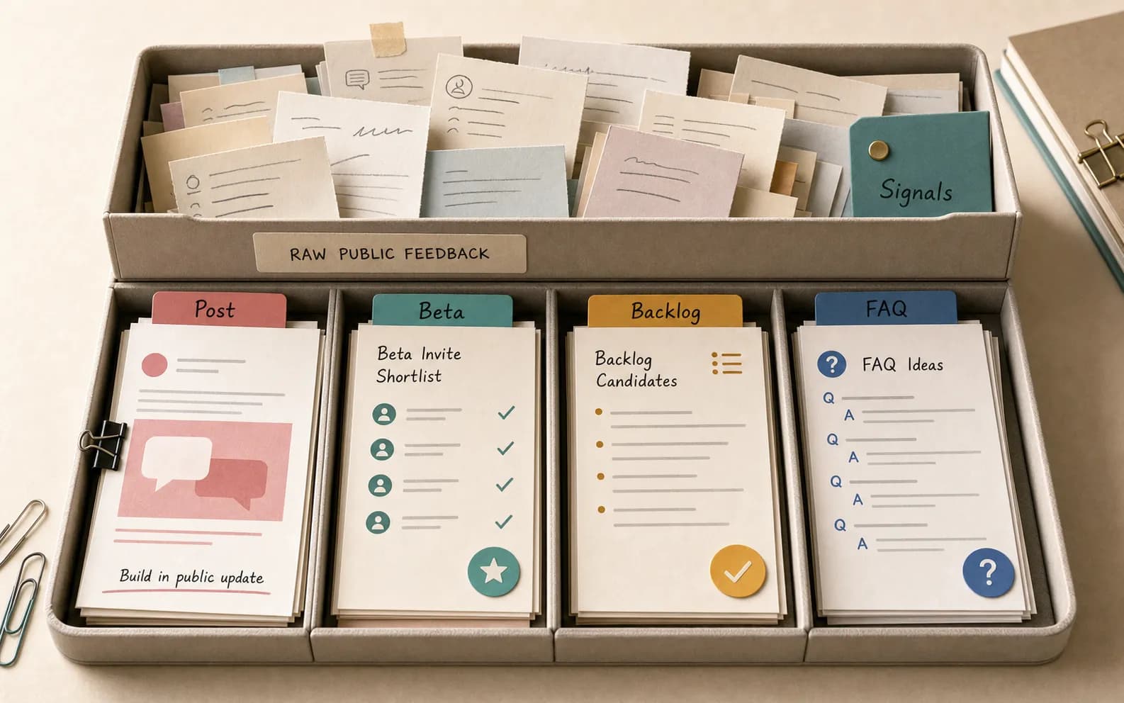 Community comments, DMs, and trial feedback organized into product learning assets.