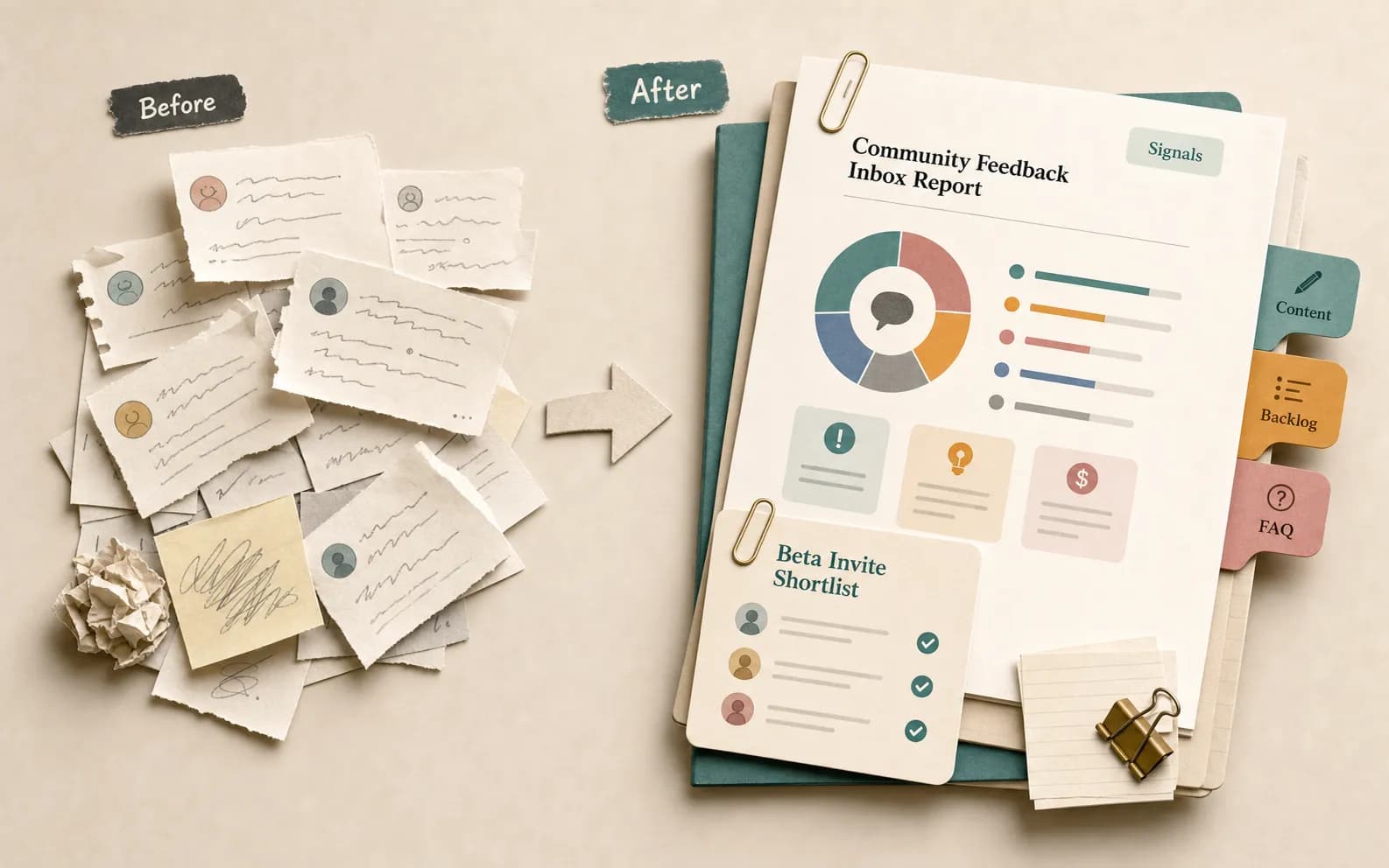 Scattered community feedback turning from loose paper notes into a report with signal clusters, beta candidates, content, and backlog tabs.