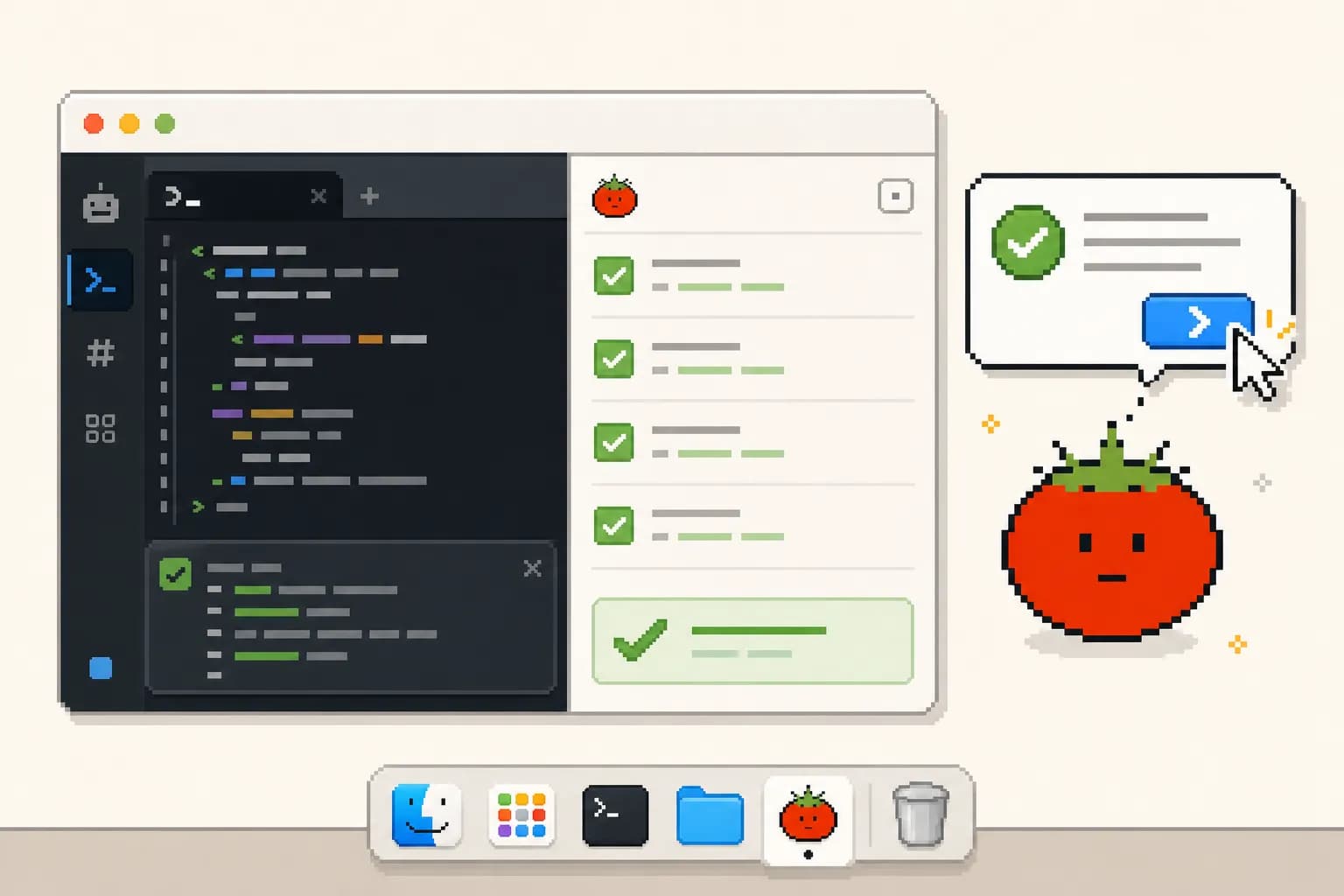 Pixel illustration of the KoKo helper reminding a user to review a completed Codex task