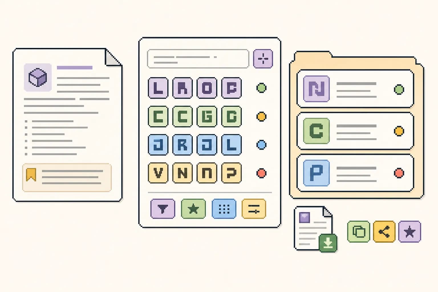 Pixel-art product naming workflow visual showing a product brief becoming candidate names and review material.
