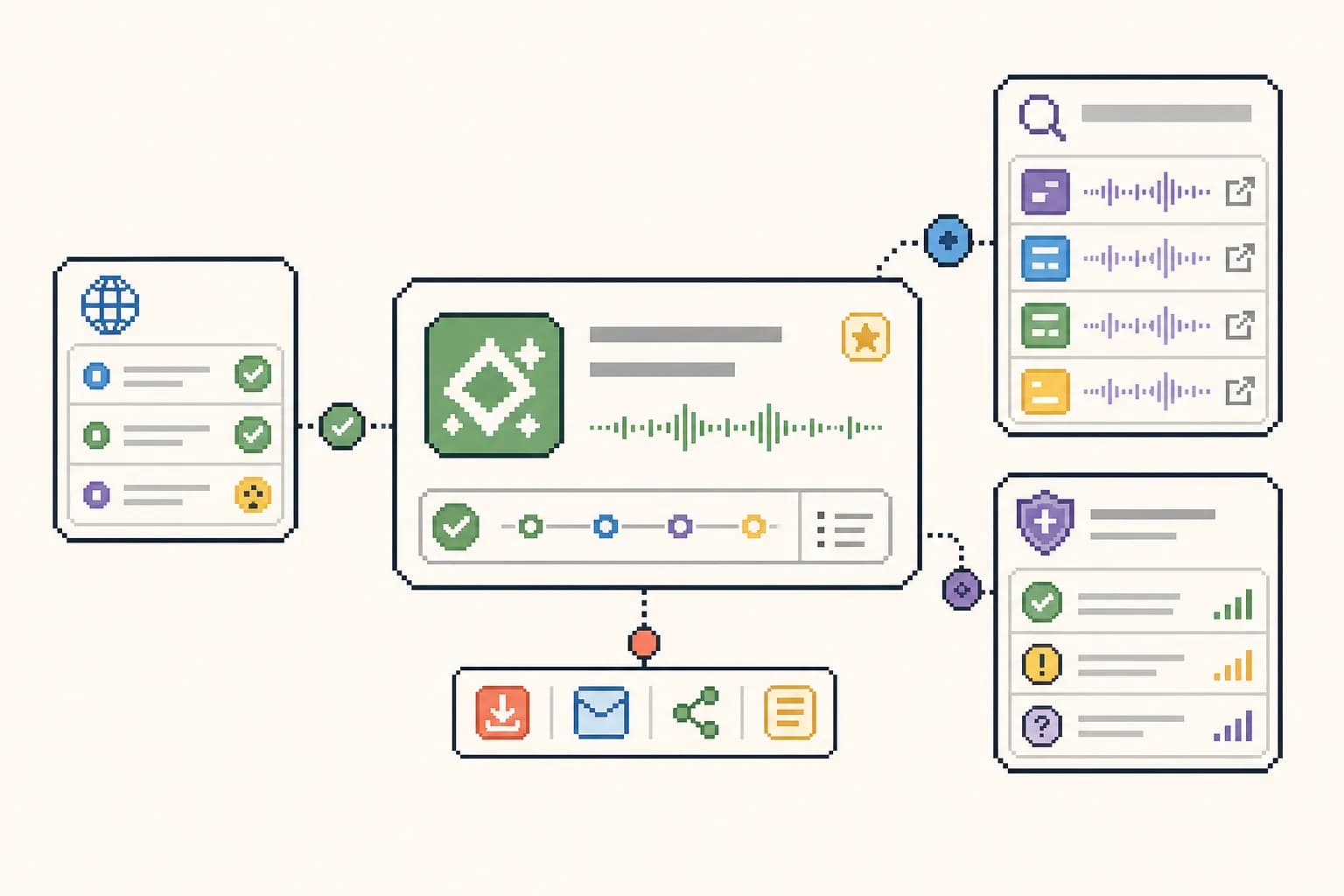 Pixel-art candidate review visual showing domain, search, and trademark pre-screening signals.
