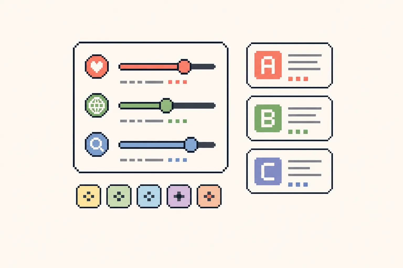 Pixel-art naming direction visual showing style, market, and domain preferences shaping candidate names.