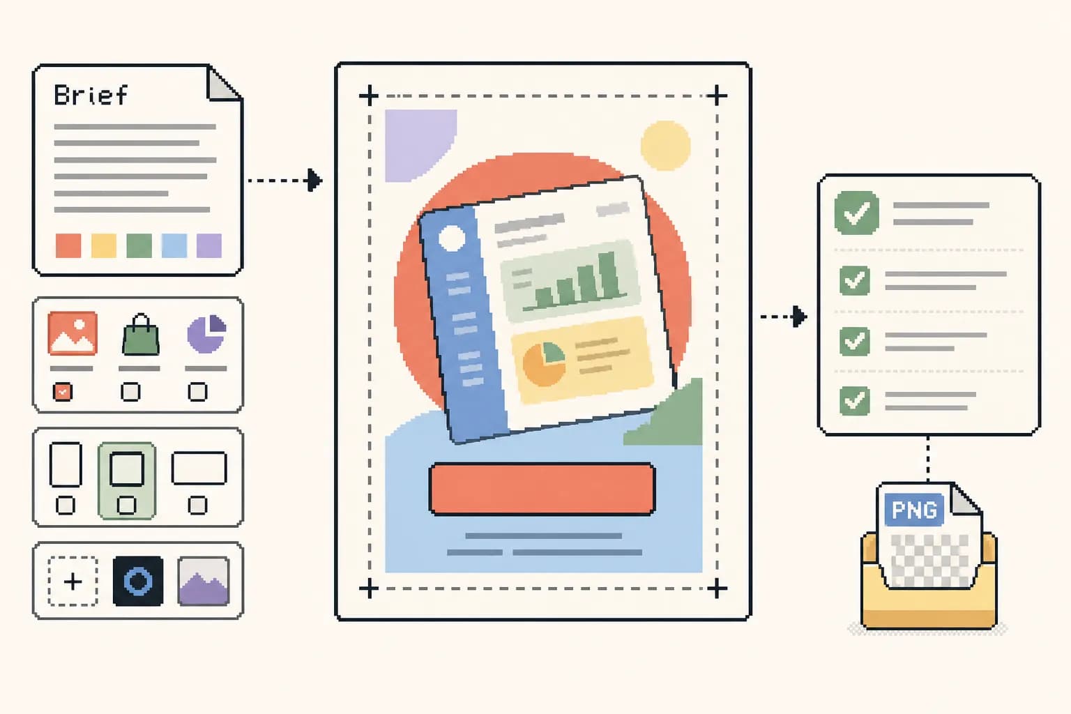 Pixel-art product poster workflow showing product brief to PNG download.