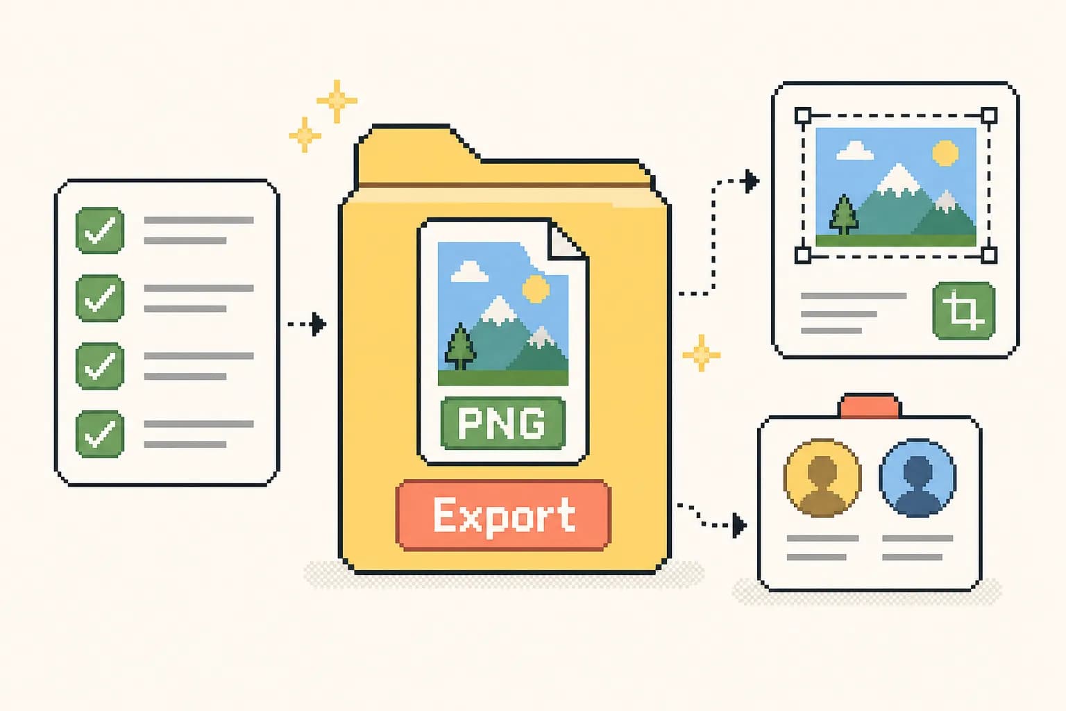 Pixel-art product poster review visual showing PNG download, asset checks, and pre-publish review.