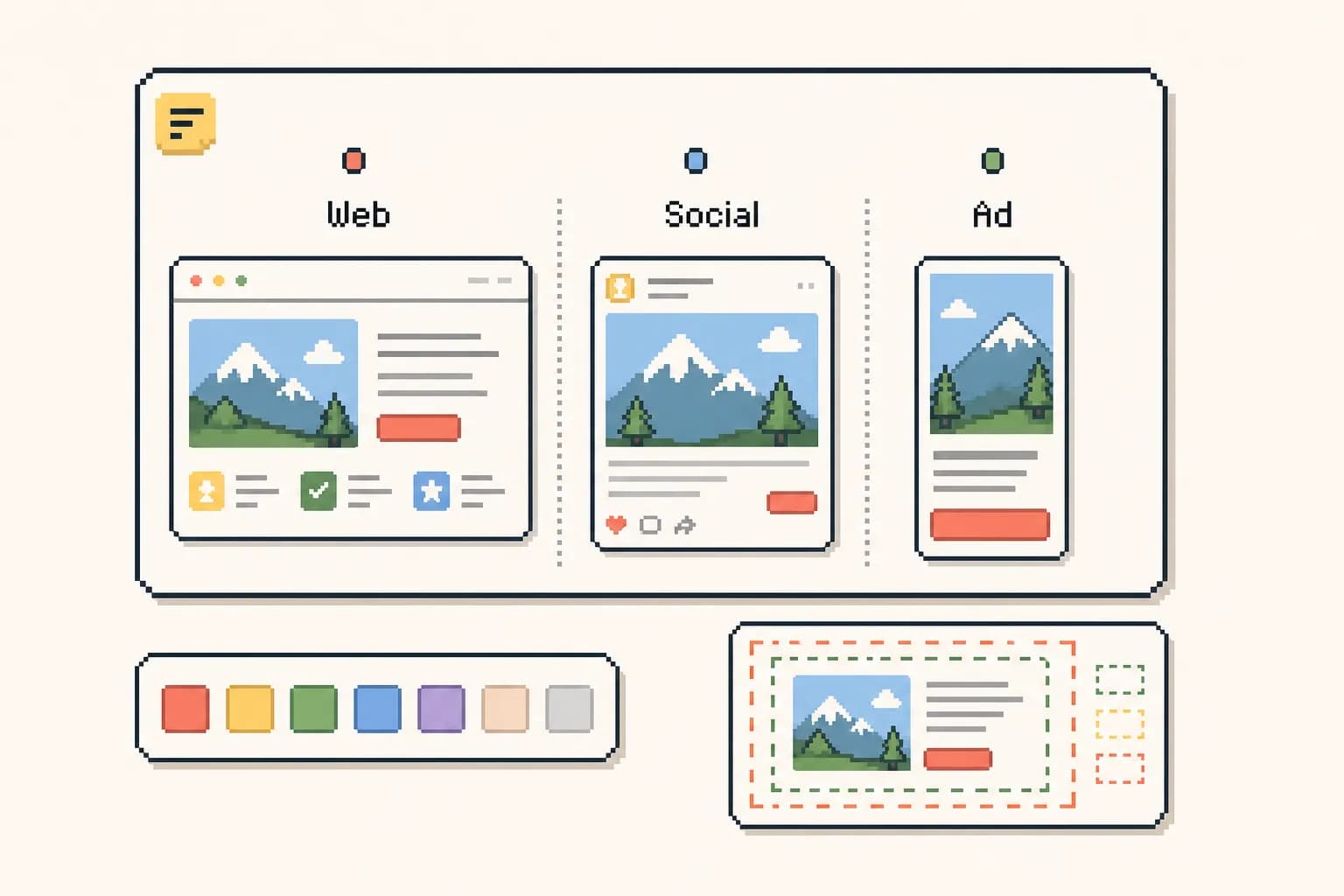 Pixel-art product poster channel visual showing Web, Social, and Ad poster formats.