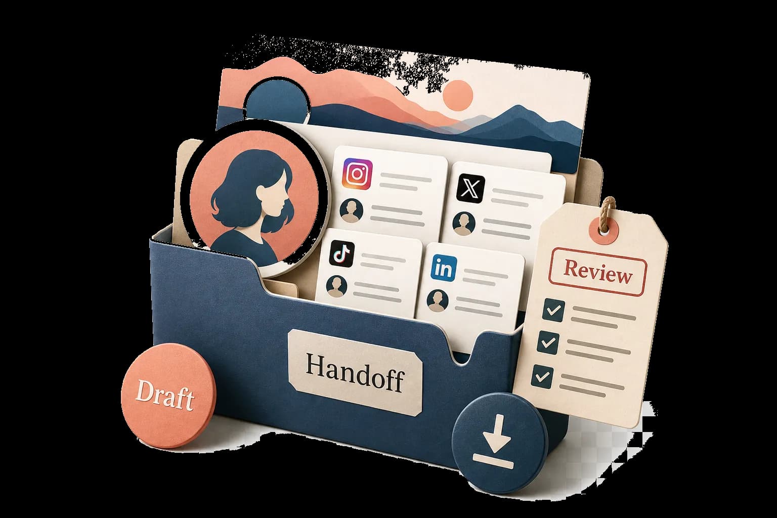A pre-publish handoff folder with profile draft assets, review checklist, and export materials.