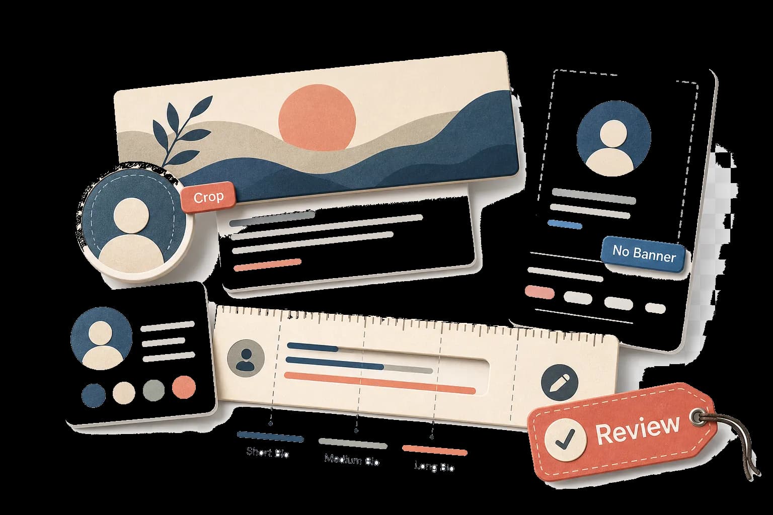 Visual explanation of avatar crops, banner surfaces, bio length, and no-banner platform boundaries.