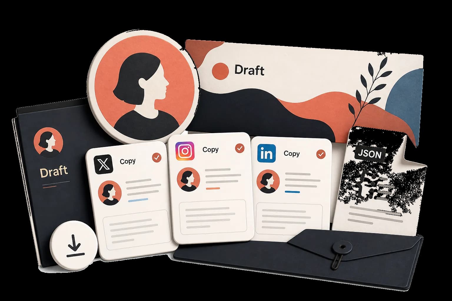 A social profile draft kit with copy cards, avatar draft, platform cards, and JSON export file.