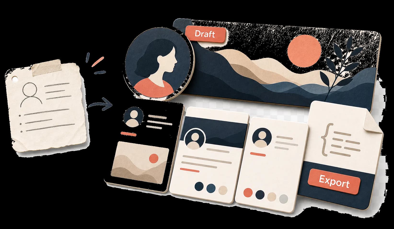 A rough profile brief becoming avatar, banner, bio cards, and an exportable profile kit.