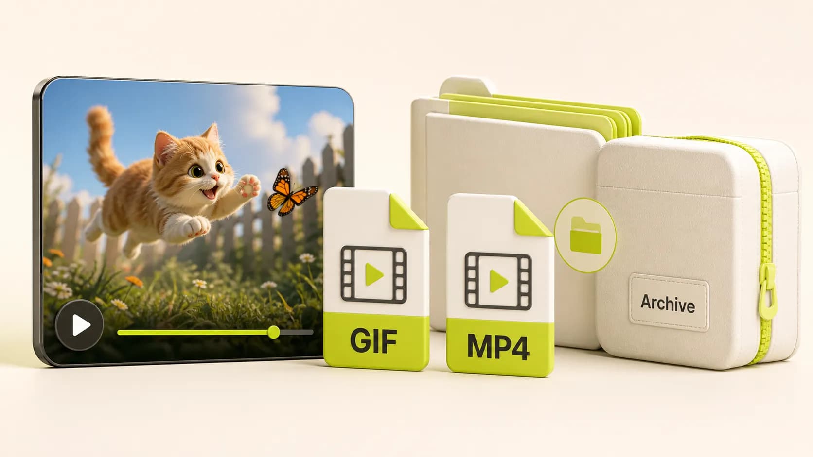 Downloaded GIF, MP4, and archive assets arranged as a reusable media kit
