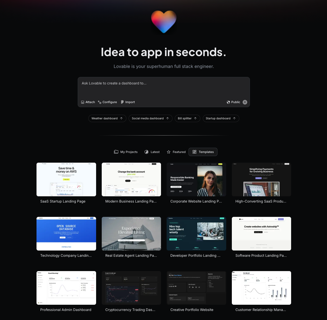 Lovable project prompt and a gallery of website templates