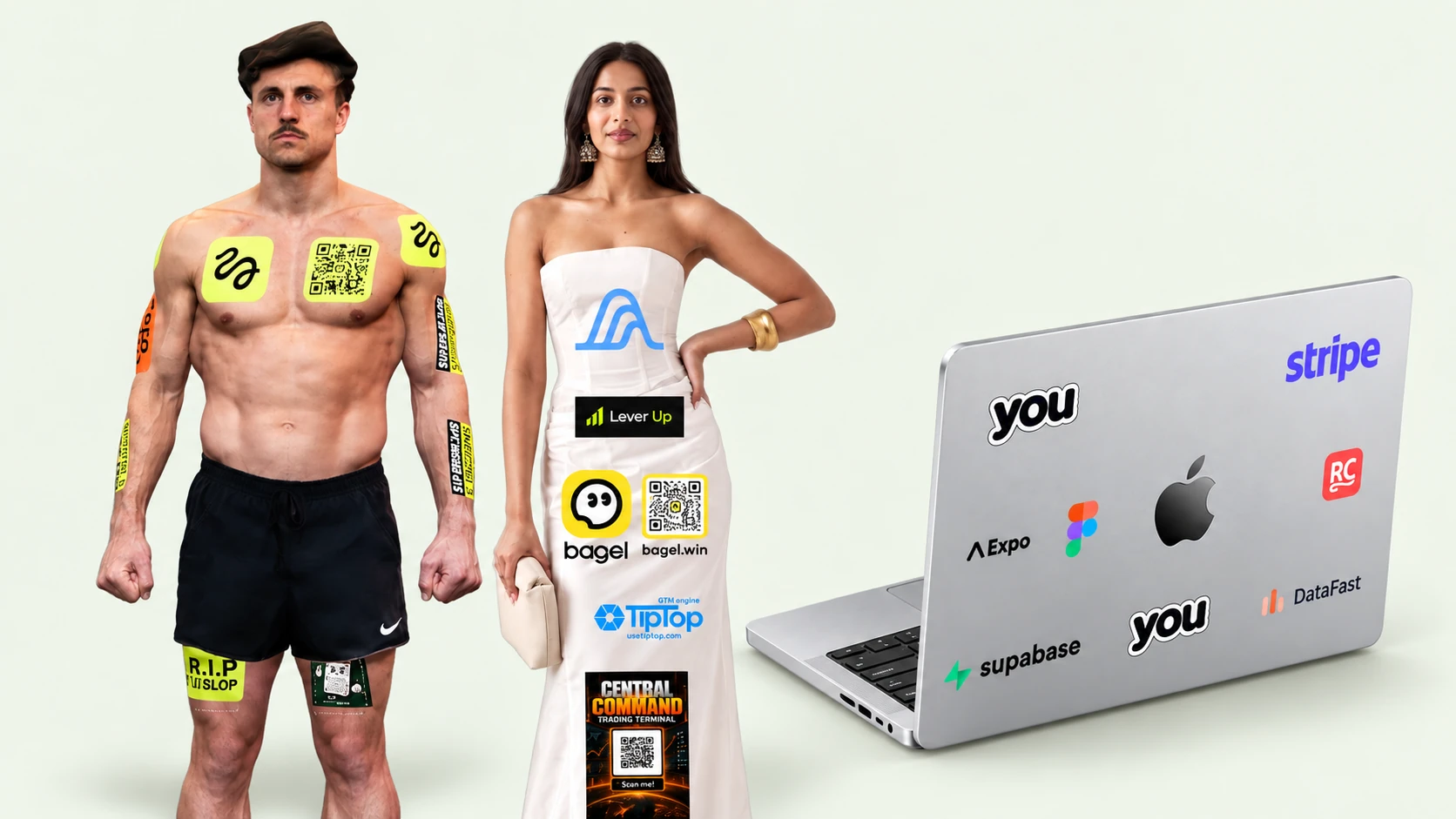Collage of Marc’s body sponsorships, a sponsored dress, and laptop sticker ads