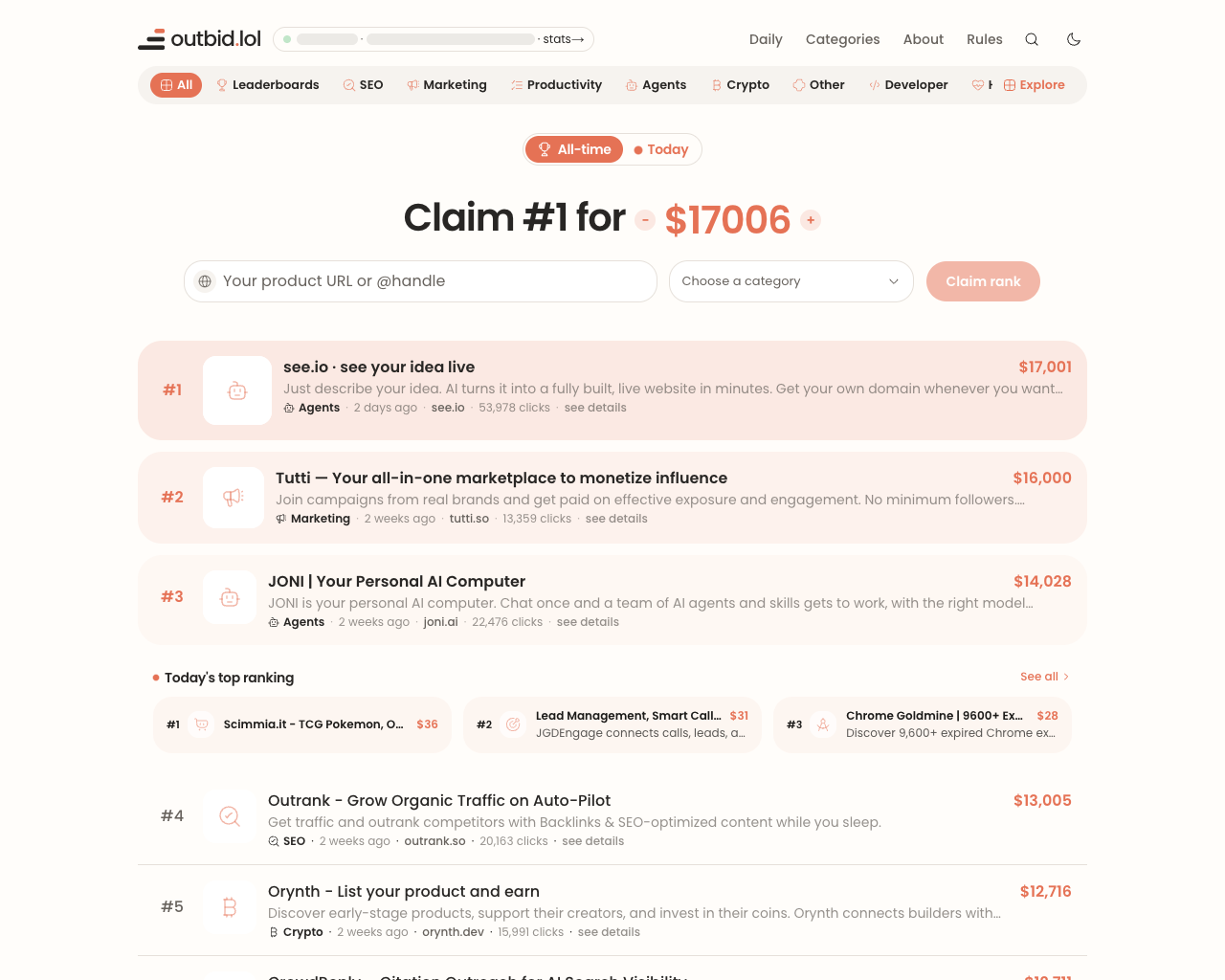 Outbid leaderboard on September 9, 2026