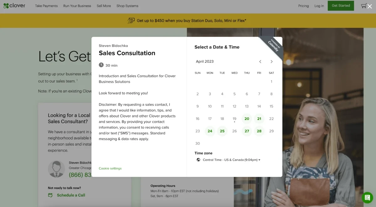 Calendly booking page embedded in Clover’s website