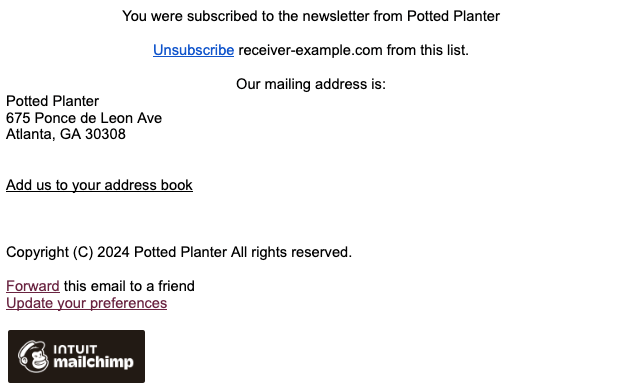 Mailchimp newsletter footer with its referral badge