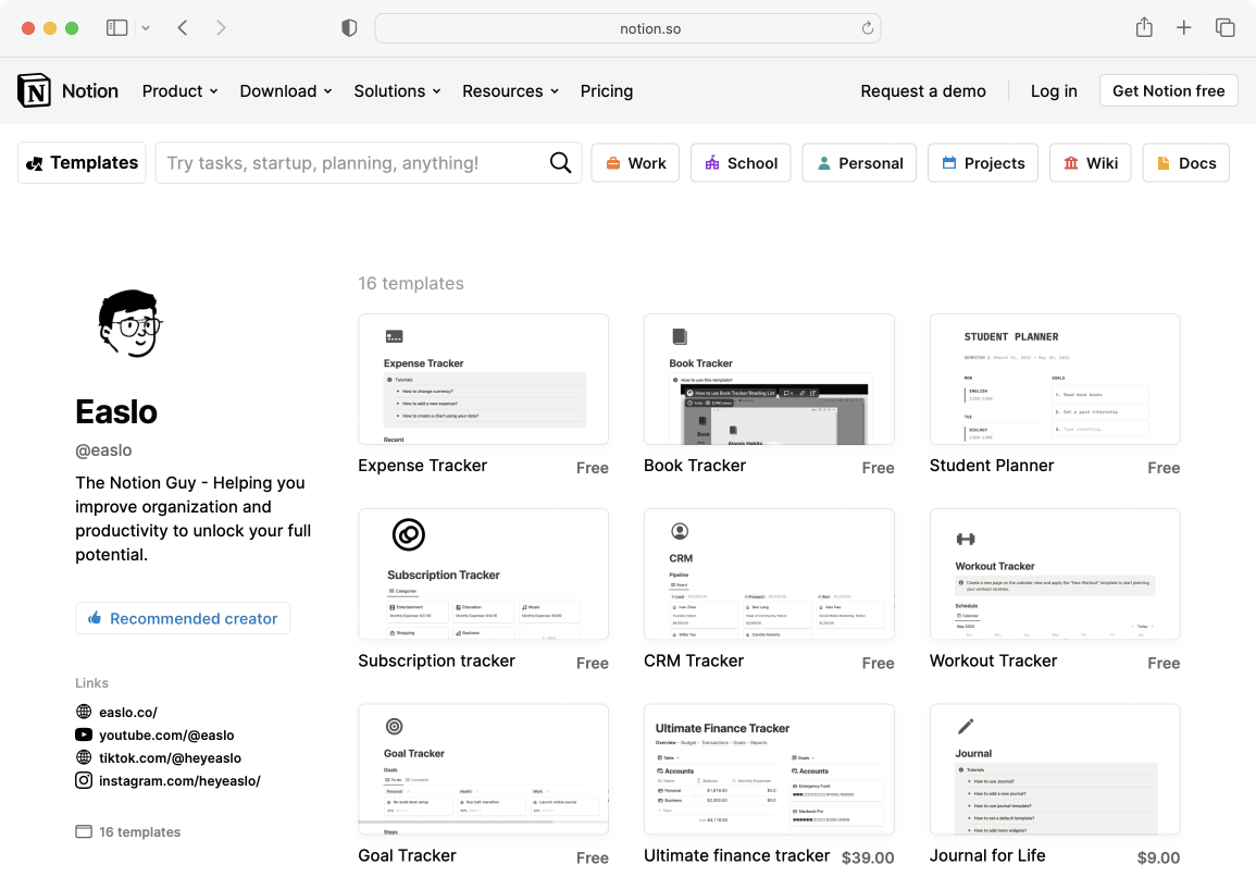 A creator profile with a collection of Notion templates