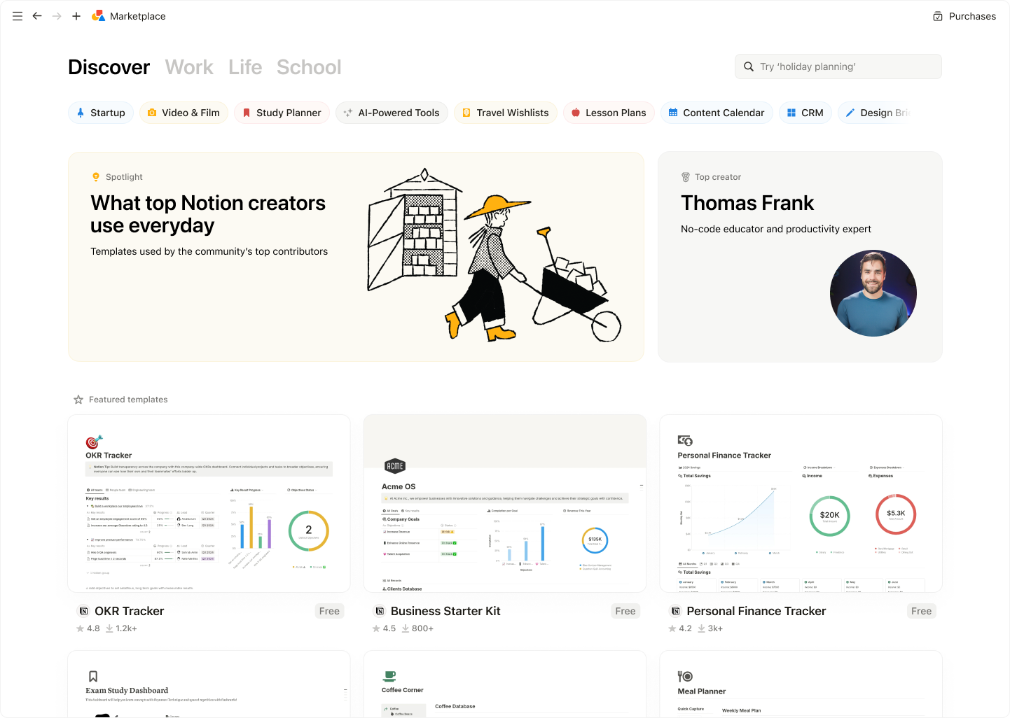 Notion Marketplace categories, creators, and templates