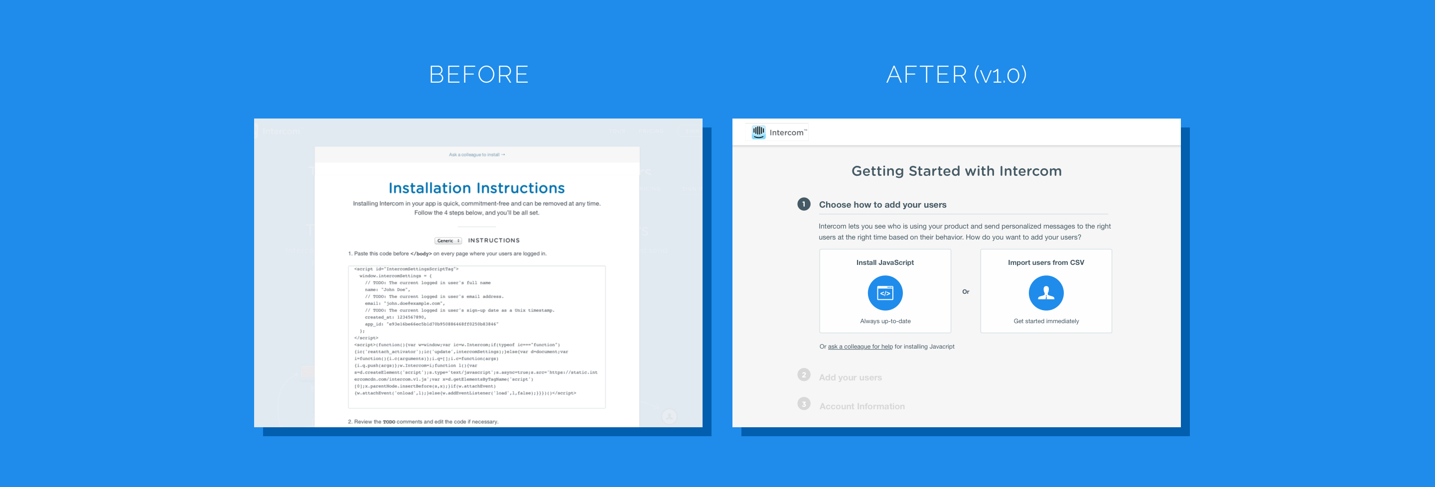 Intercom setup before and after adding a CSV import option