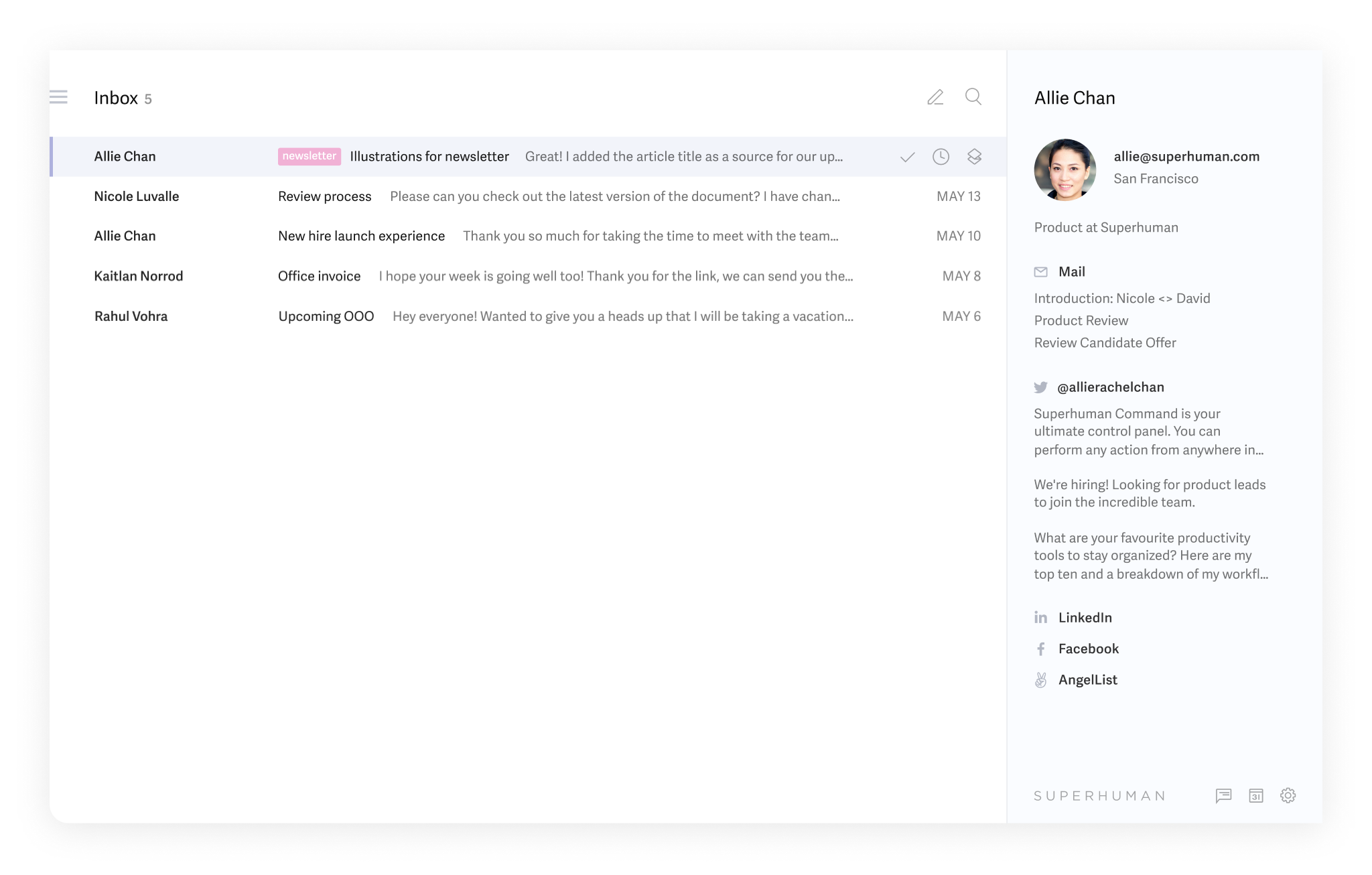 Superhuman inbox with a message list and contact details